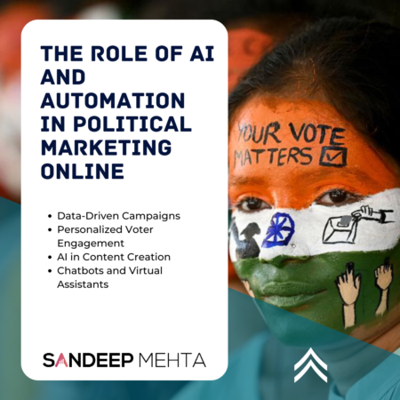 The image highlights political symbols, and the design is related to the role of AI in political marketing.